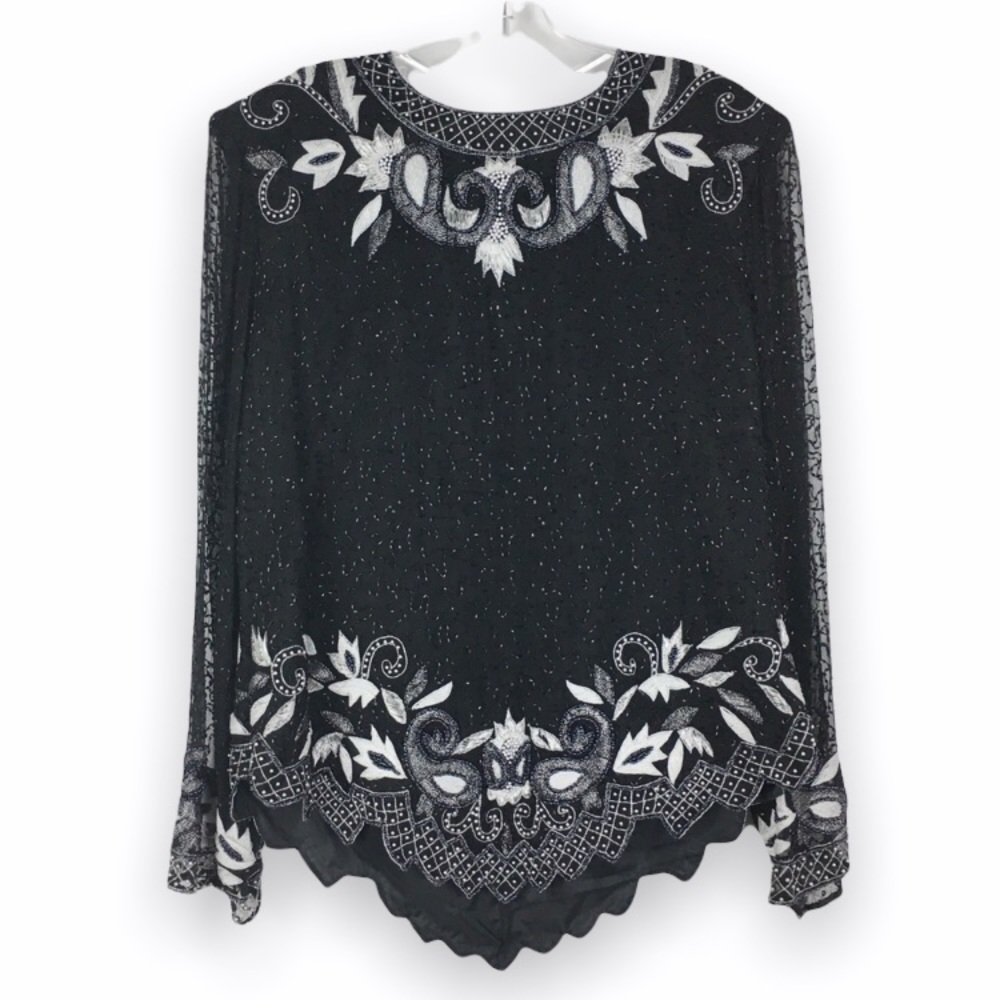 Vintage Black Hand Beaded Laurence Kazar Top Shirt‎ Blouse Long Sleeve Size XL L